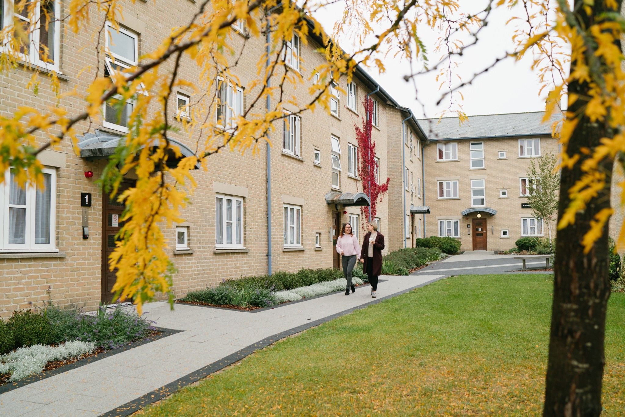 Banner image - two people walking in front of a building